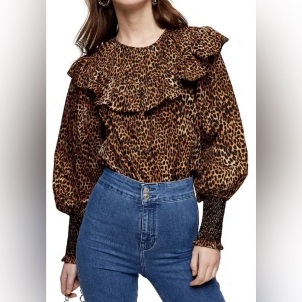Topshop Leopard Print Statement Collar Blouse Siz… - image 1